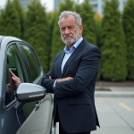 Homme d'affaires regardant une voiture hatchback 2025