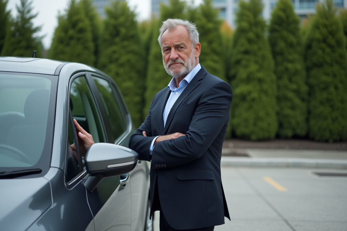 Homme d'affaires regardant une voiture hatchback 2025