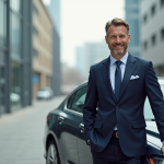 Homme d'affaires en costume à côté d'une voiture moderne en ville