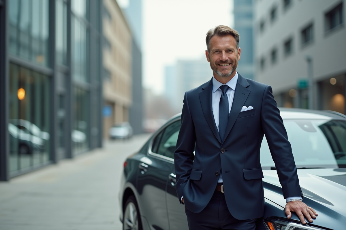 Homme d'affaires en costume à côté d'une voiture moderne en ville