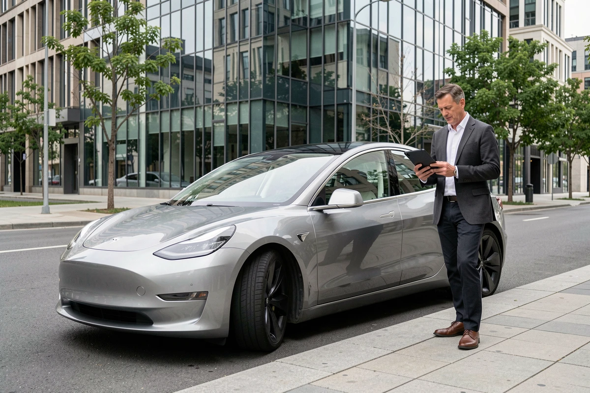 Homme d'affaires consultant des données financières Tesla sur une tablette devant une Tesla Model 3 en ville