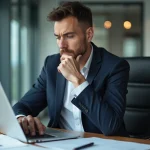 Homme d'affaires en costume lisant des avis sur son ordinateur