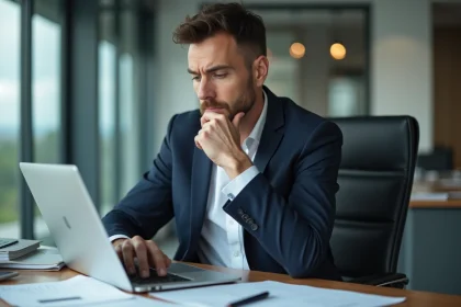 Homme d'affaires en costume lisant des avis sur son ordinateur