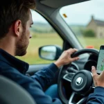 Homme consultant l'application Mappy sur smartphone pour planifier un itinéraire voiture avant de partir en route en France