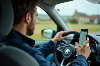 Homme consultant l'application Mappy sur smartphone pour planifier un itinéraire voiture avant de partir en route en France