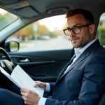 Homme en costume dans une voiture examine des documents d'assurance