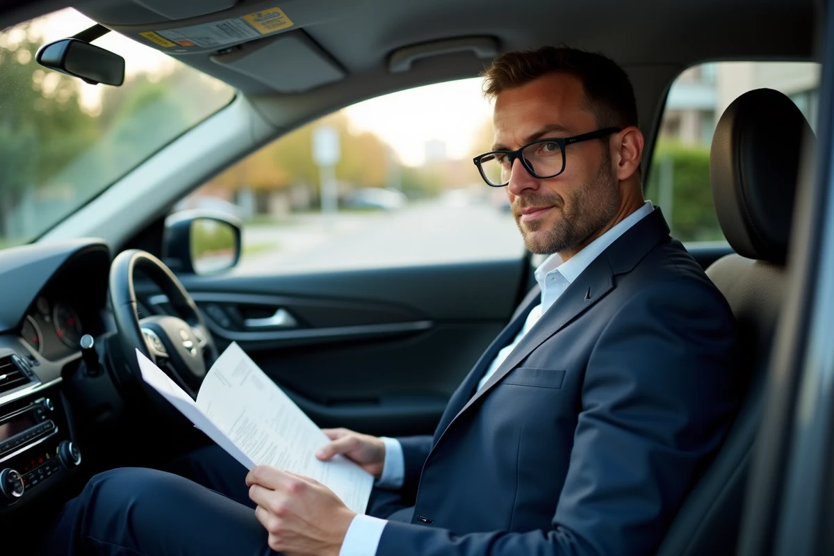 Homme en costume dans une voiture examine des documents d'assurance