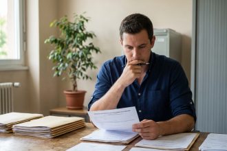 Homme consultant des documents pour récupérer son permis de conduire dans un bureau administratif du Bas-Rhin