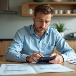 Homme en cuisine avec documents et calculatrice pour voiture