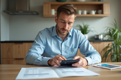 Homme en cuisine avec documents et calculatrice pour voiture