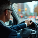 Homme d'âge moyen en costume bleu au volant en ville