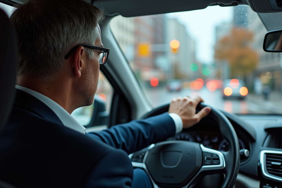 Homme d'âge moyen en costume bleu au volant en ville