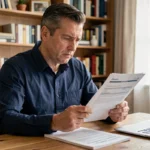 Homme consultant un document d'assurance auto après une résiliation, assis à son bureau à domicile