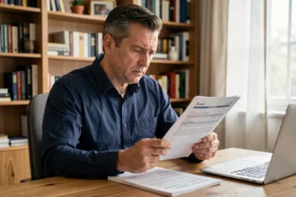 Homme consultant un document d'assurance auto après une résiliation, assis à son bureau à domicile