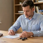 Homme examinant un contrat d'assurance automobile à son bureau avec des clés de voiture posées à côté