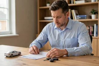 Homme examinant un contrat d'assurance automobile à son bureau avec des clés de voiture posées à côté