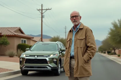 Homme d'âge moyen avec voiture crossover dans un quartier sudouest