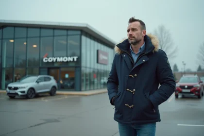 Homme debout devant un concessionnaire vide avec regard perplexe