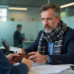 Homme d'âge moyen remettant ses papiers à la mairie