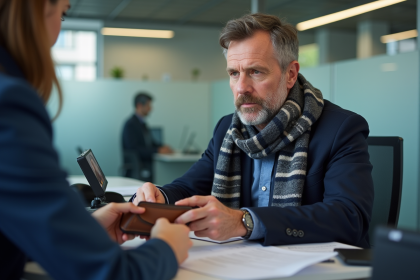 Homme d'âge moyen remettant ses papiers à la mairie