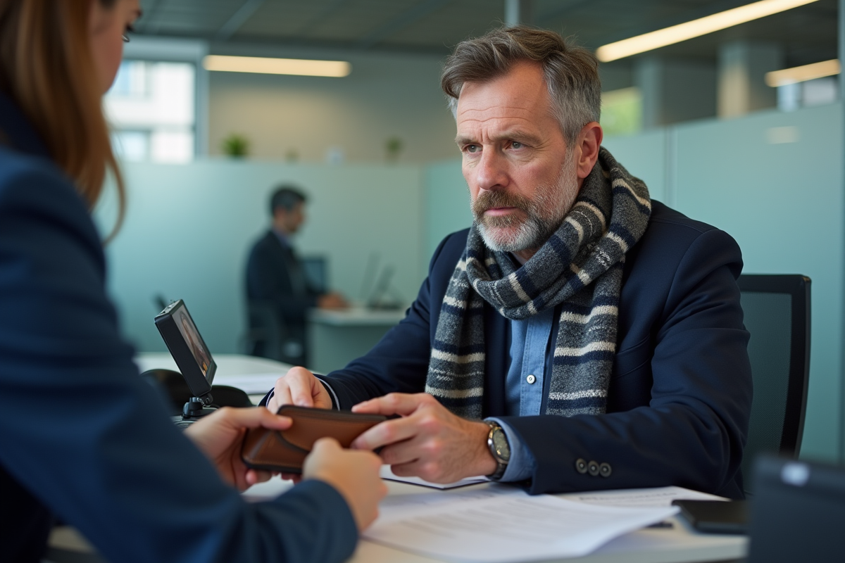 Homme d'âge moyen remettant ses papiers à la mairie