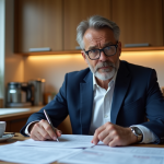 Homme français en costume vérifiant ses documents fiscaux