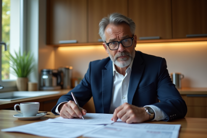 Homme français en costume vérifiant ses documents fiscaux