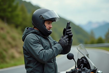 Homme en moto attachant un intercom sur son casque