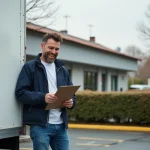 Homme souriant vérifiant des papiers devant une camionnette de déménagement