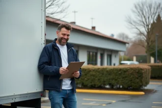 Homme souriant vérifiant des papiers devant une camionnette de déménagement