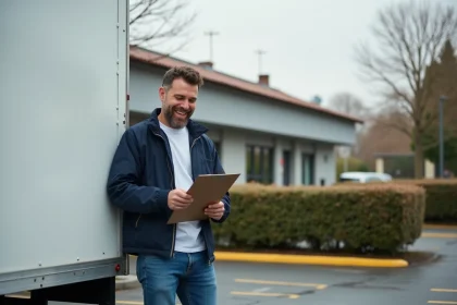 Homme souriant vérifiant des papiers devant une camionnette de déménagement