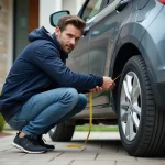 Homme mesurant un pneu de voiture dans une allée