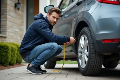 Homme mesurant un pneu de voiture dans une allée