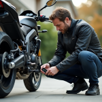 Homme en moto installant un GPS discret sur une moto