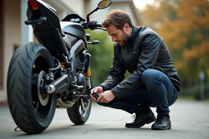 Homme en moto installant un GPS discret sur une moto