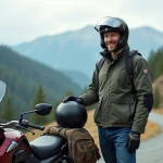 Homme avec veste moto et casque à côté d'une Honda CB 500X en montagne