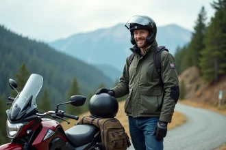 Homme avec veste moto et casque à côté d'une Honda CB 500X en montagne