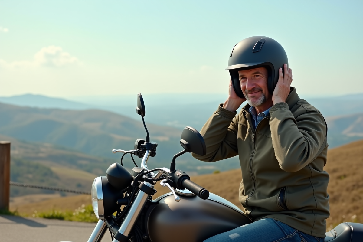 Homme ajustant son casque sur moto en campagne