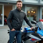 Homme avec veste textile et moto Suzuki GSX 600 R