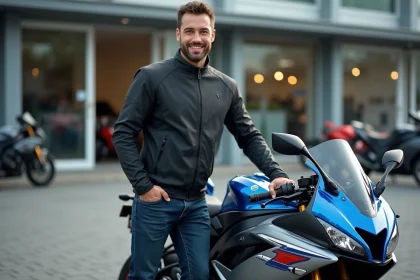 Homme avec veste textile et moto Suzuki GSX 600 R