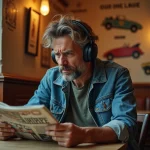 Homme d'âge moyen écoutant de la musique dans un café rétro