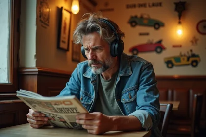 Homme d'âge moyen écoutant de la musique dans un café rétro