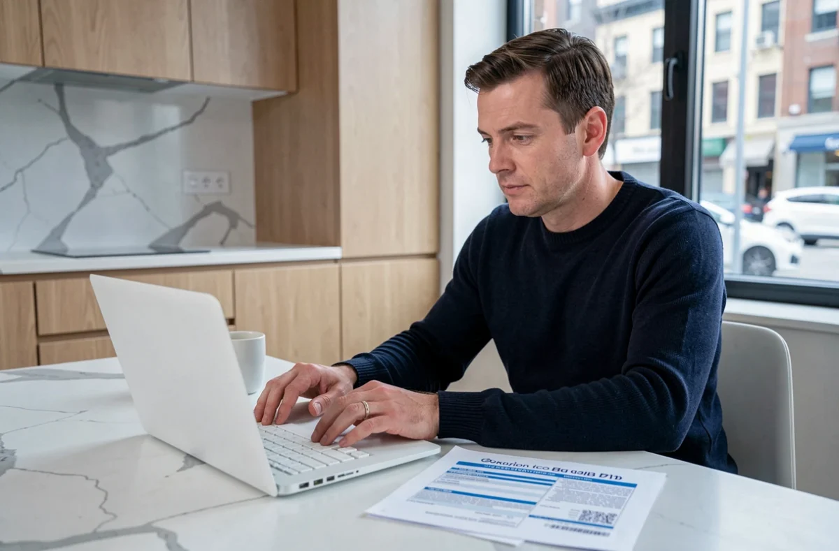 Homme tapant une lettre de résiliation d'assurance automobile sur ordinateur portable avec les documents d'assurance à portée de main