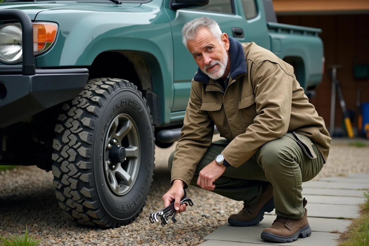 Homme en extérieur répare un SUV Toyota 100 HDJ