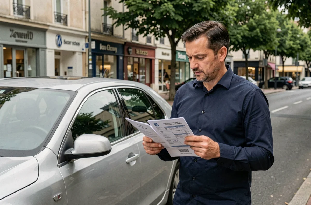 Homme comparant des papiers d'assurance et la carte grise de sa voiture dans un parking