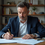 Homme d'âge moyen remplissant des formulaires dans un bureau