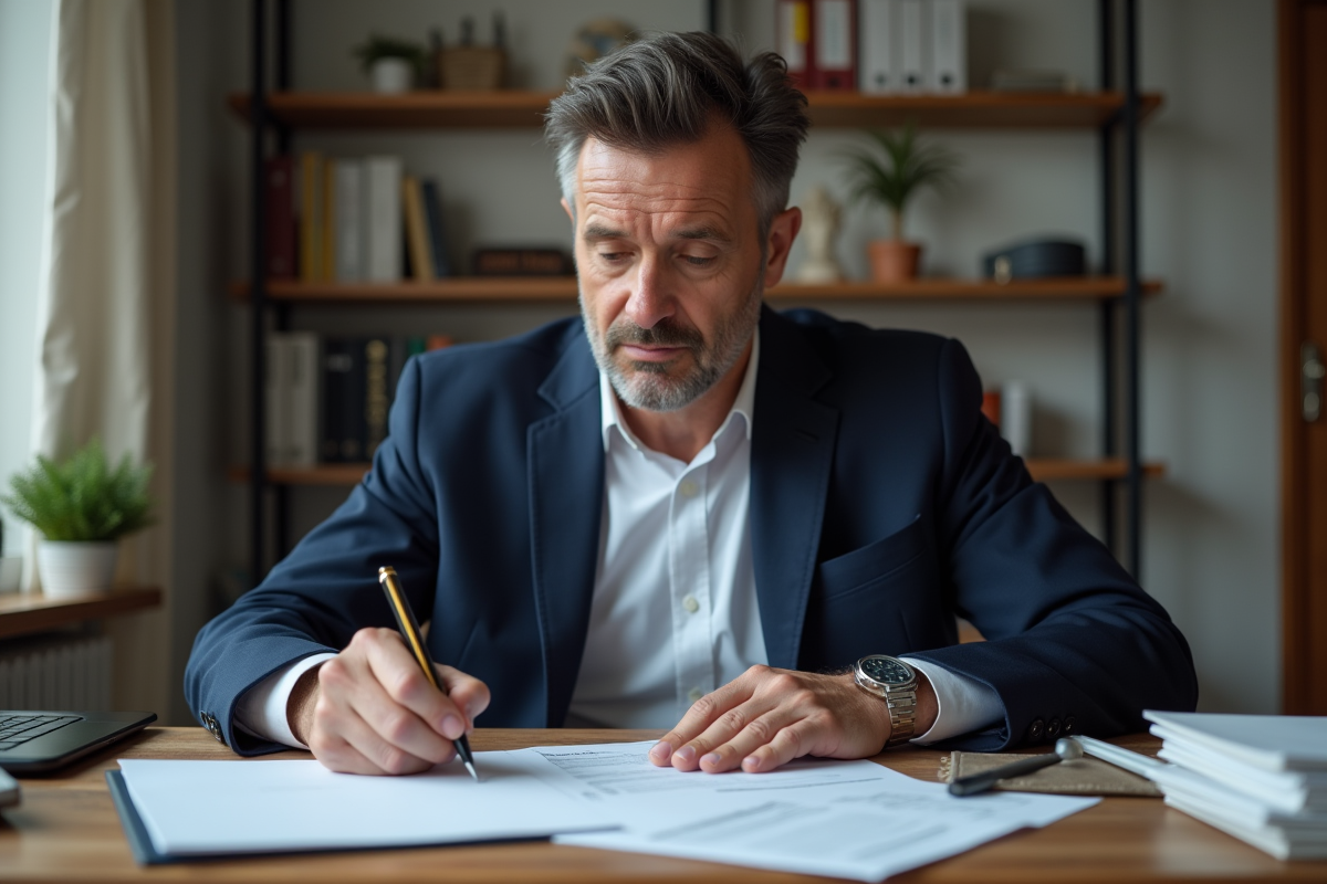 Homme d'âge moyen remplissant des formulaires dans un bureau