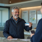 Homme d'âge moyen souriant présentant son permis à un guichet officiel