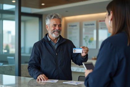 Homme d'âge moyen souriant présentant son permis à un guichet officiel
