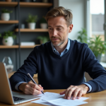 Homme d'âge moyen remplissant un formulaire de vente de voiture